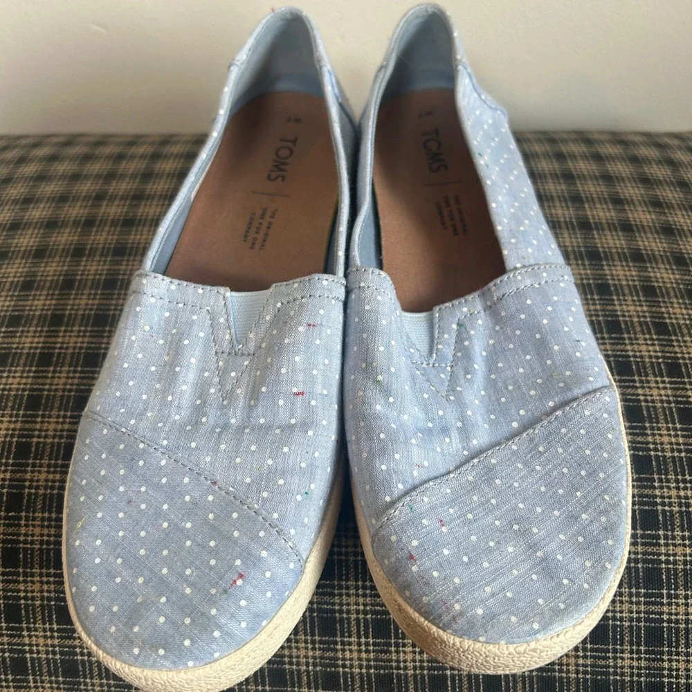 TOMS Alpargata Slip On Shoes Womens‎ 7 Blue White Polka Dot Canvas Flats EUC